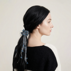 Blue-grey mohair yarn scrunchie with tassels by Tide Tie