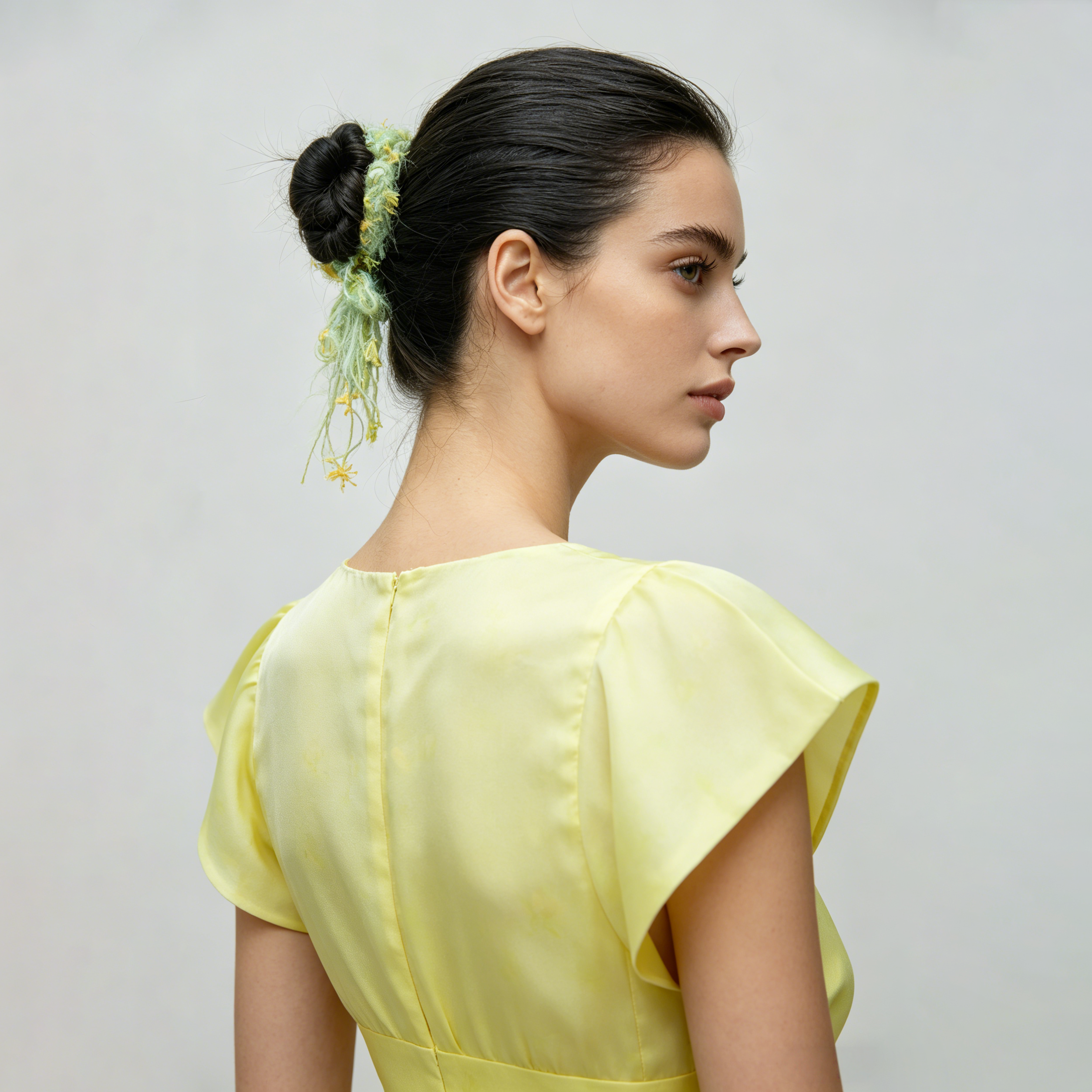 Sea-green mohair scrunchie with daisy-yellow fringe by Tide Tie