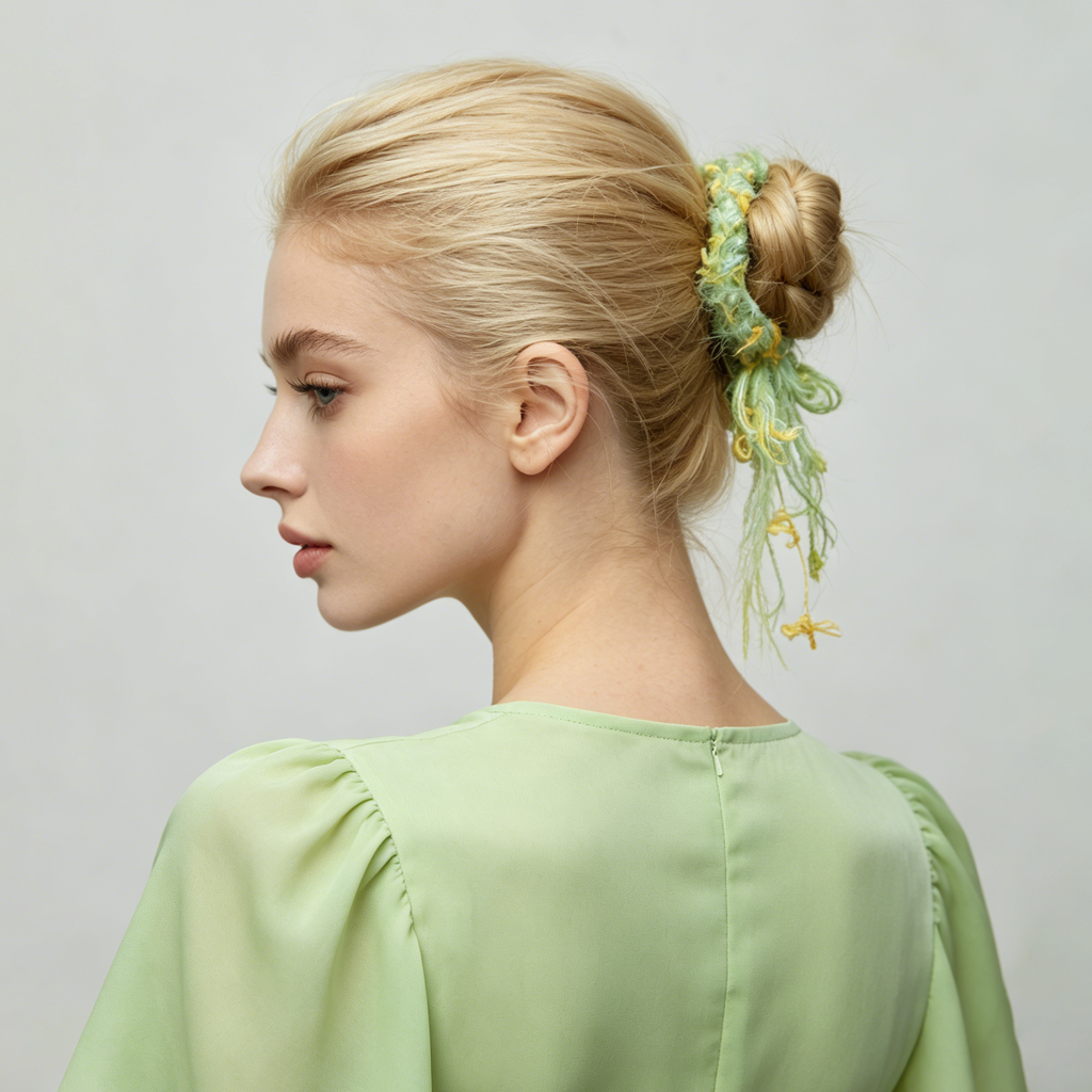 Sea-green mohair scrunchie with daisy-yellow fringe by Tide Tie