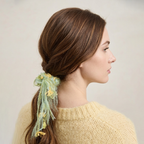 Sea-green mohair scrunchie with daisy-yellow fringe by Tide Tie