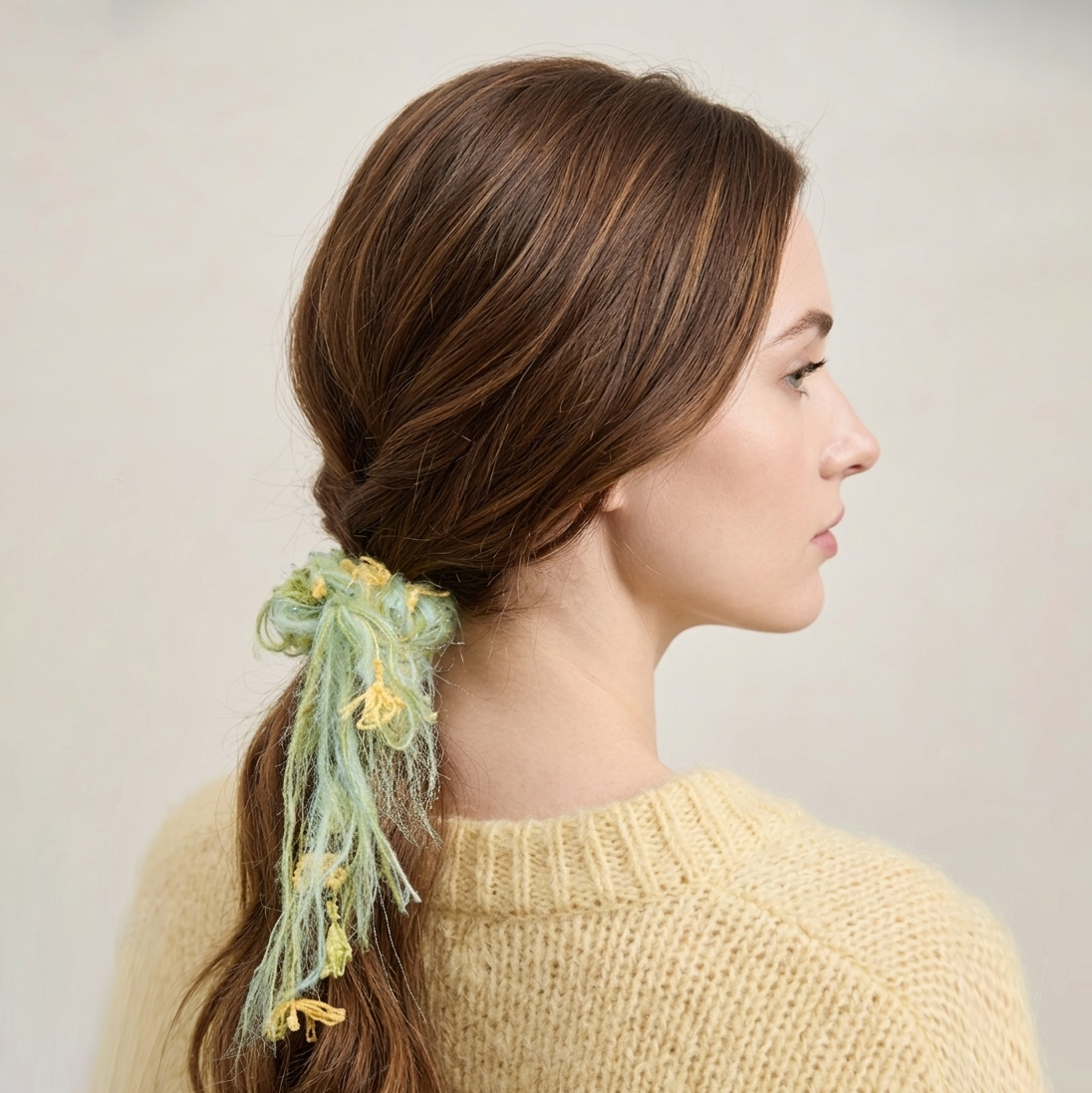 Sea-green mohair scrunchie with daisy-yellow fringe by Tide Tie