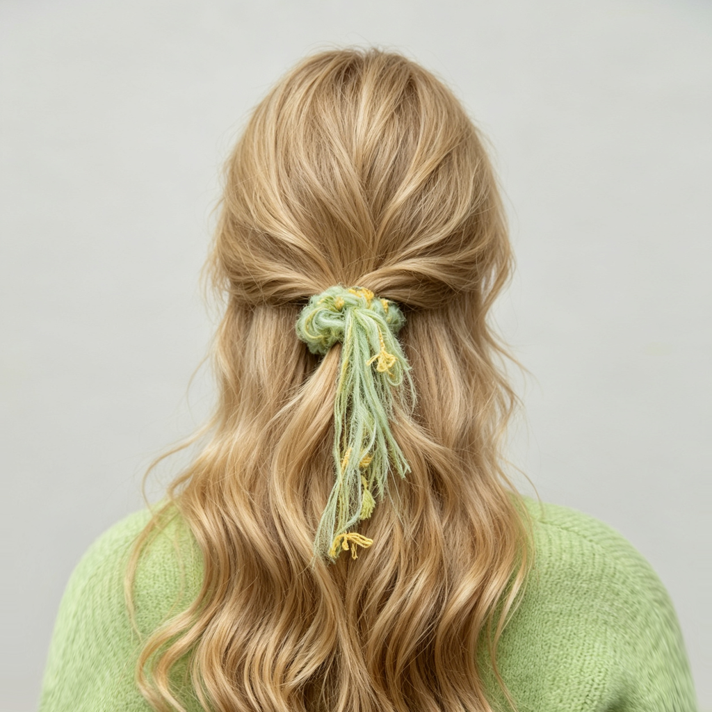 Sea-green mohair scrunchie with daisy-yellow fringe by Tide Tie