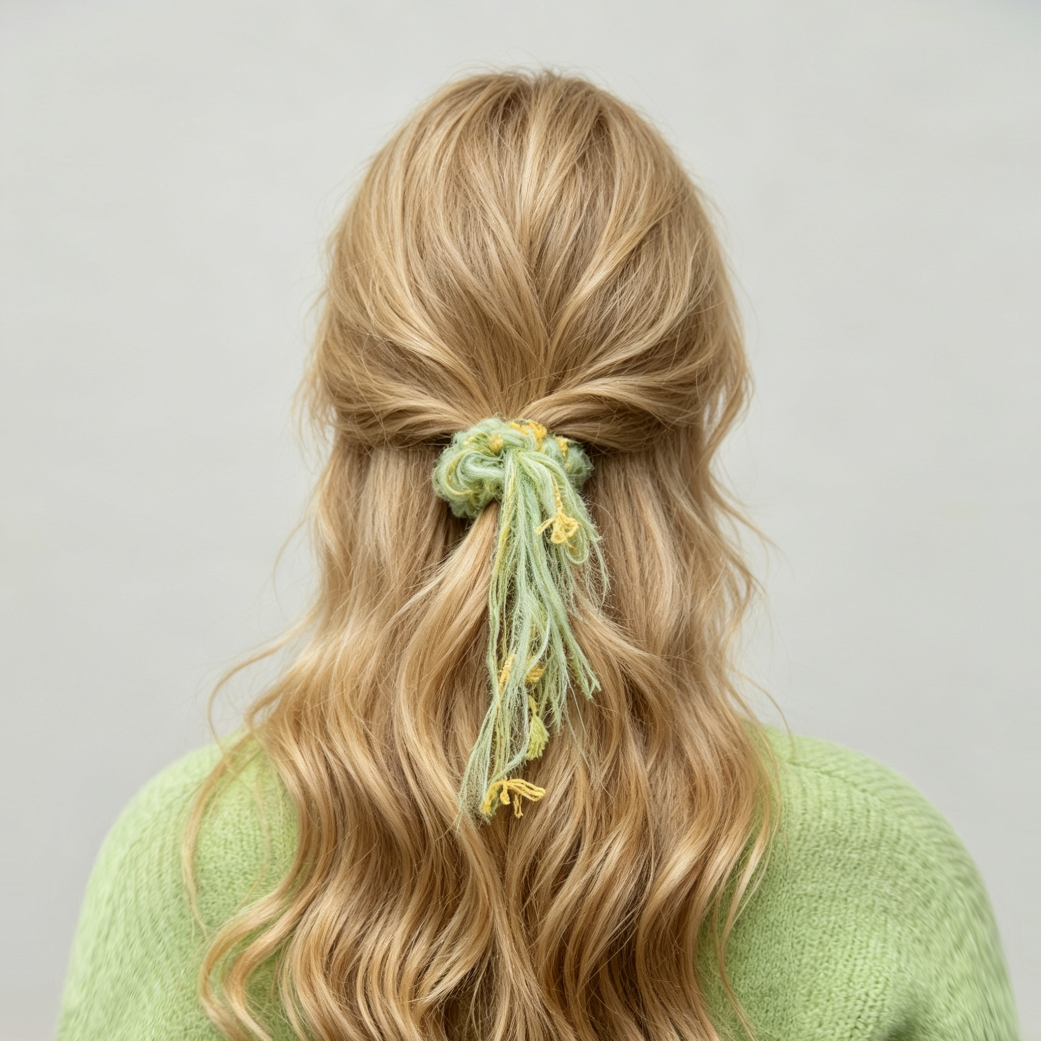 Sea-green mohair scrunchie with daisy-yellow fringe by Tide Tie