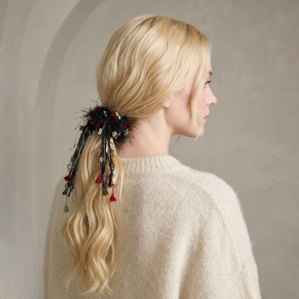 Deep crimson wool scrunchie with black fringe by Tide Tie