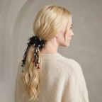 Deep crimson wool scrunchie with black fringe by Tide Tie