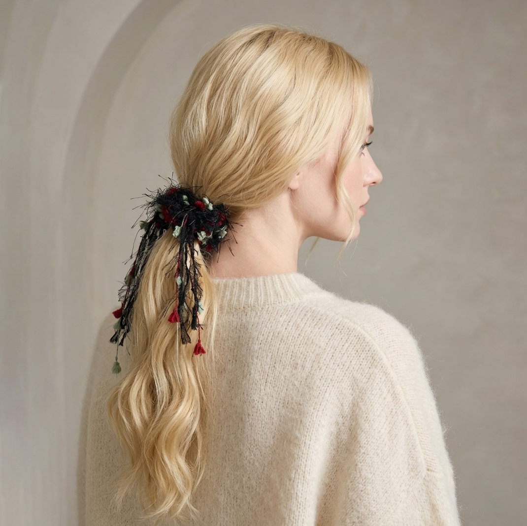 Deep crimson wool scrunchie with black fringe by Tide Tie