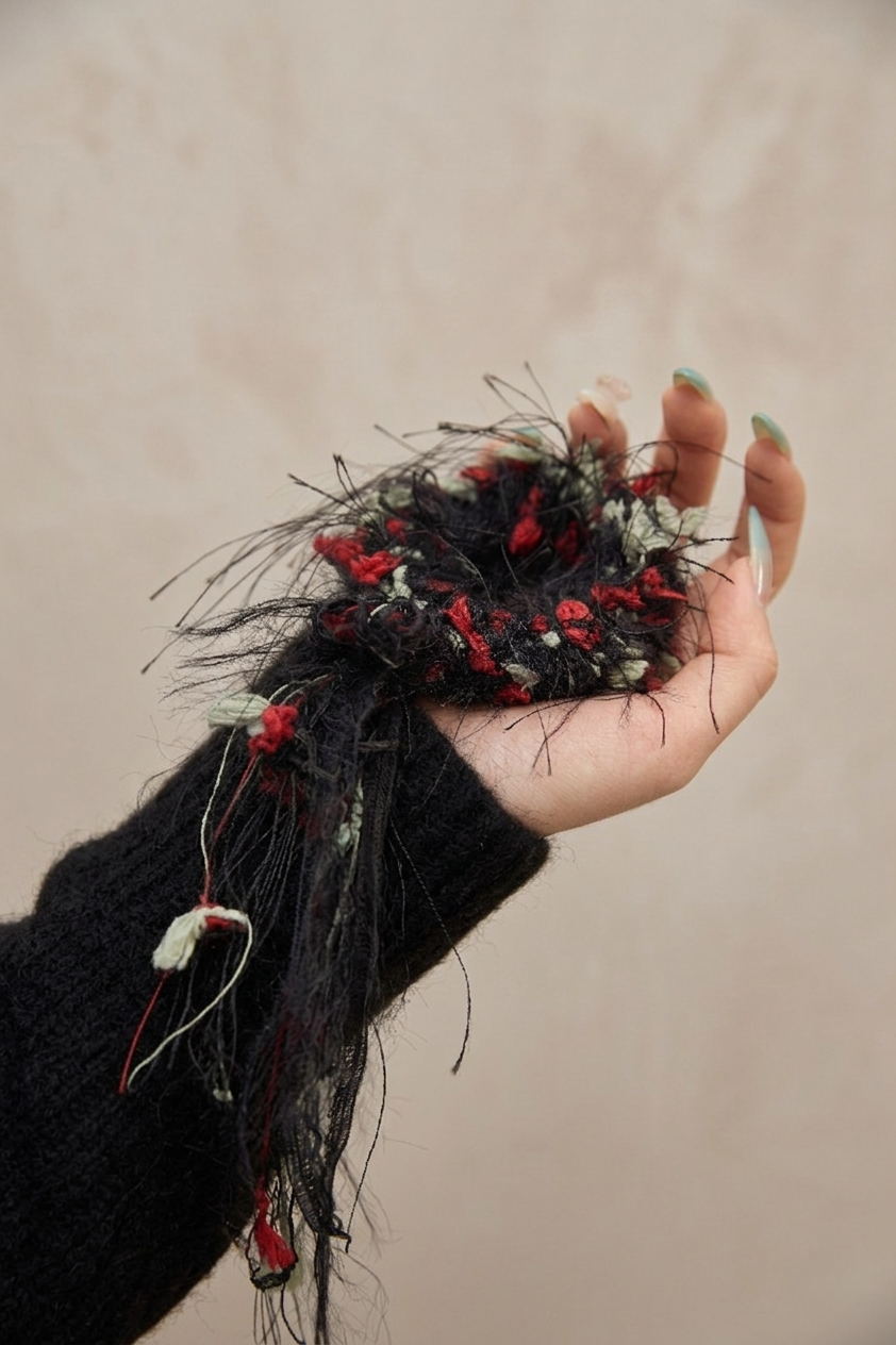 Deep crimson wool scrunchie with black fringe by Tide Tie