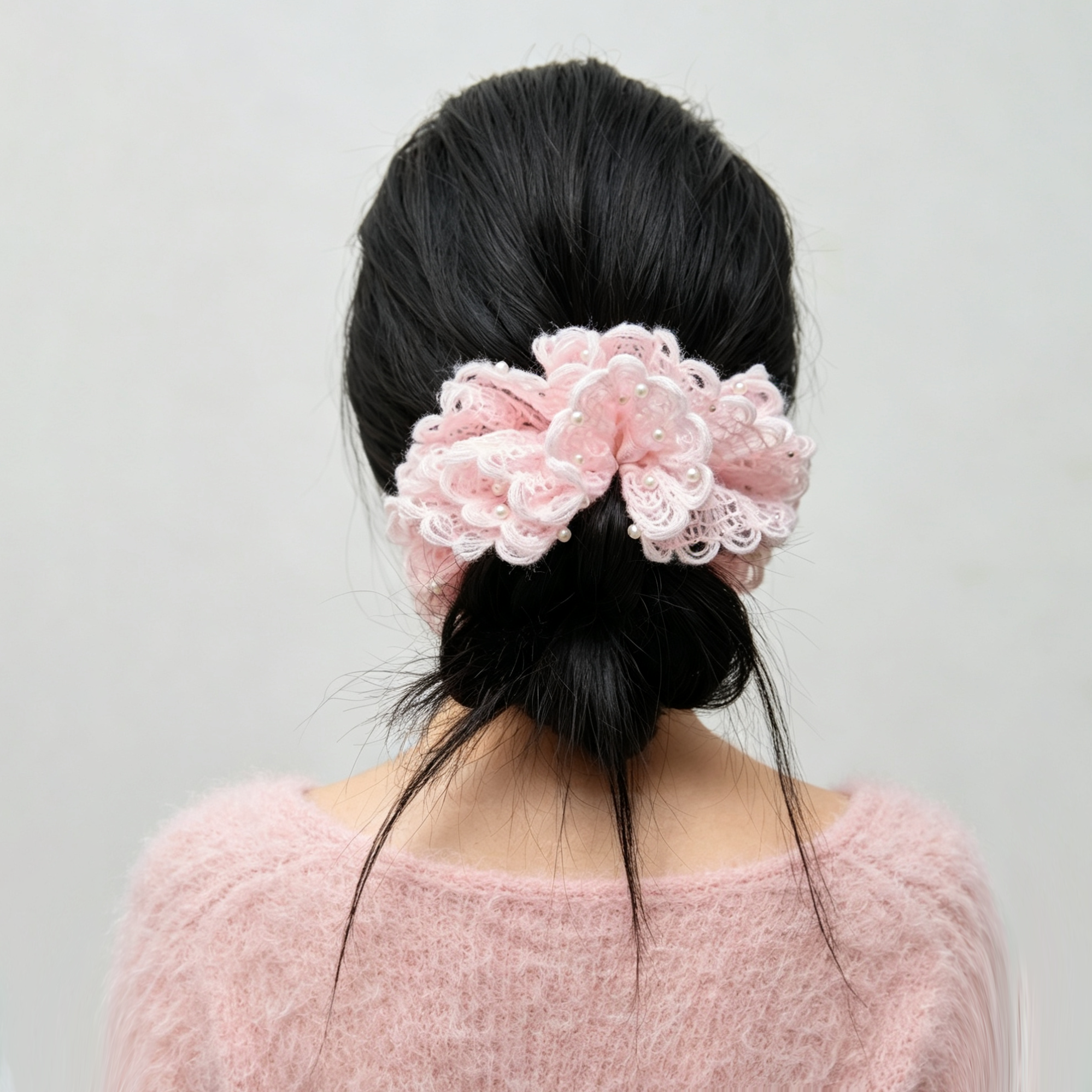 Hand-crocheted rosette scrunchie with pearls by Tide Tie