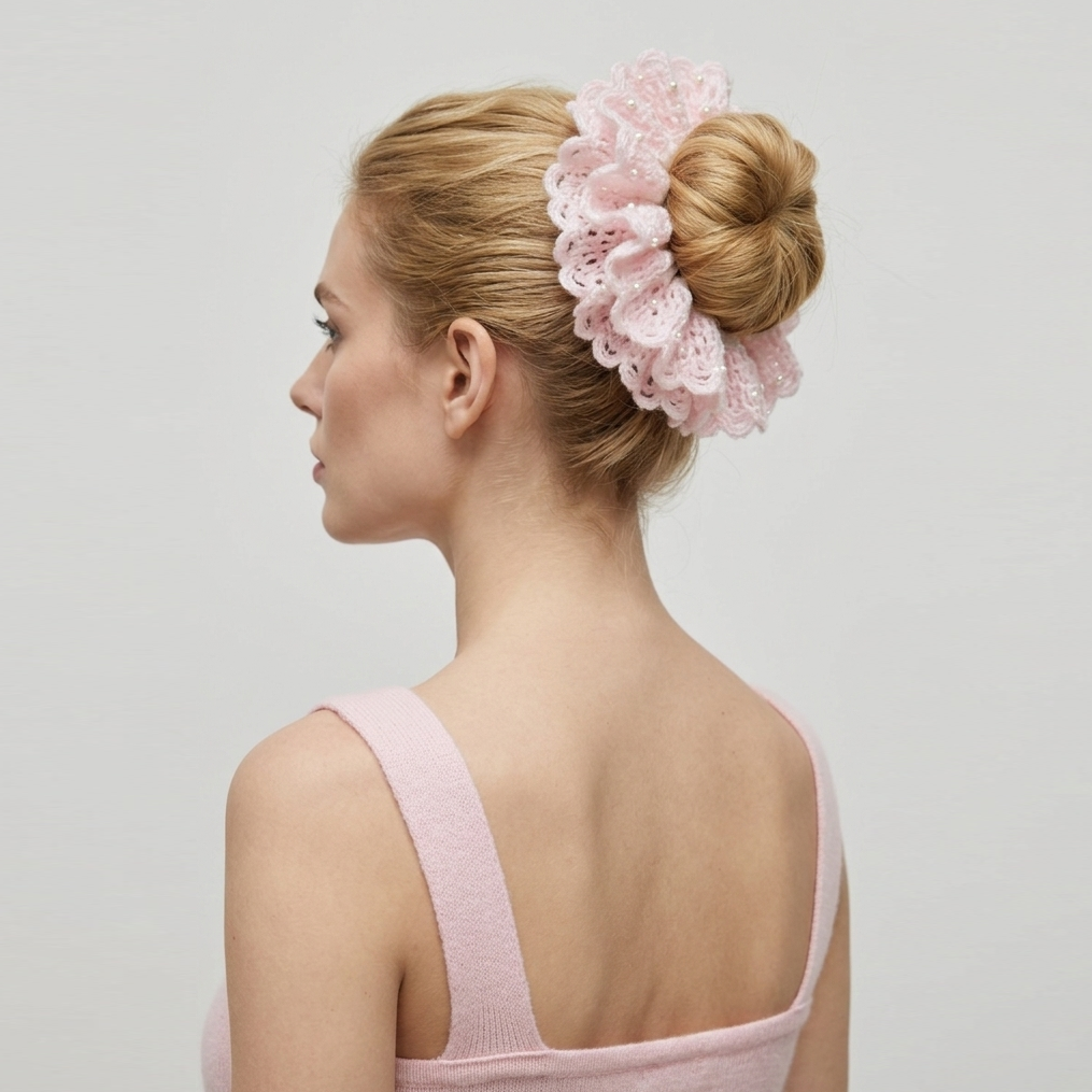 Hand-crocheted rosette scrunchie with pearls by Tide Tie