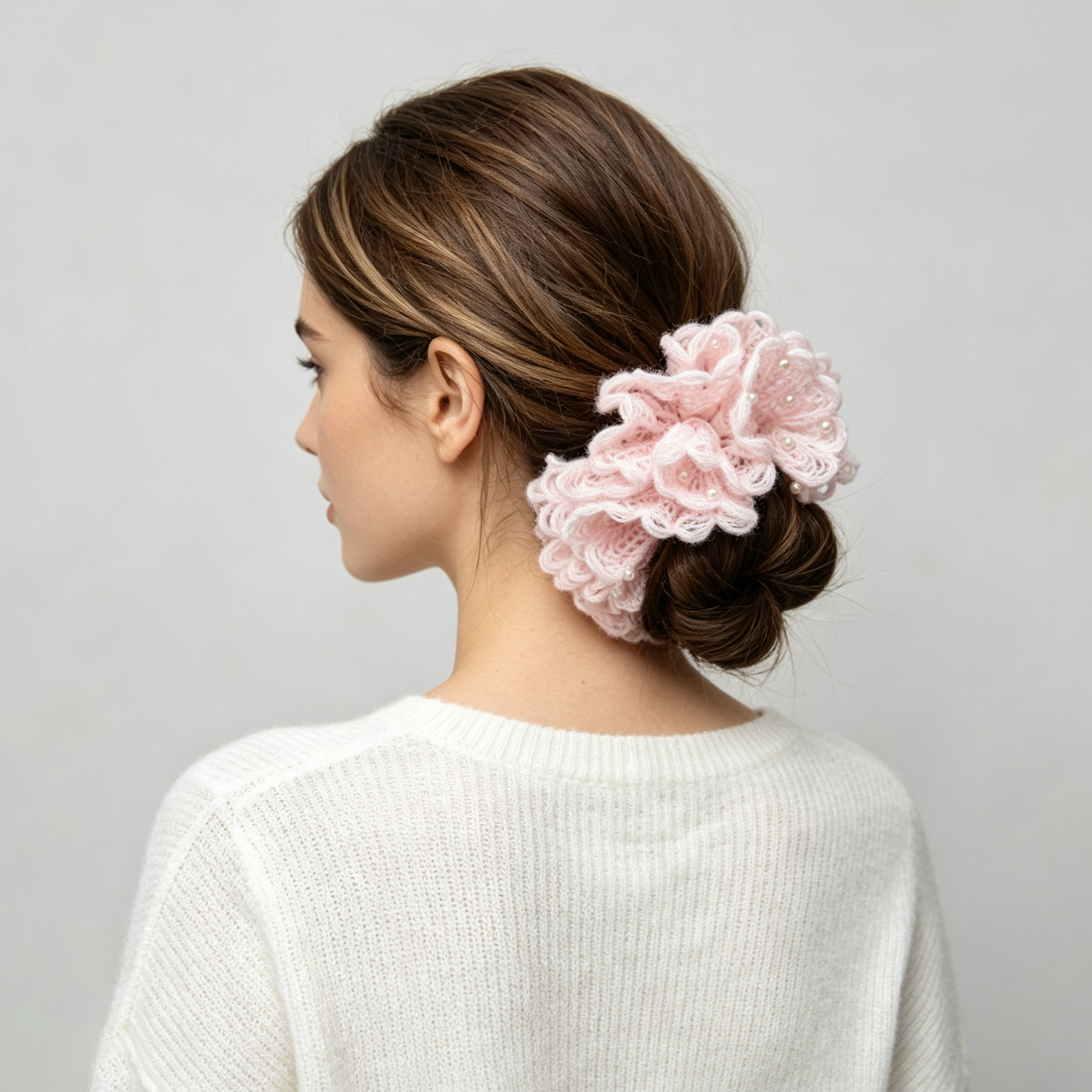 Hand-crocheted rosette scrunchie with pearls by Tide Tie