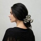 Hand-knitted black lattice scrunchie with white 3D petals by Tide Tie