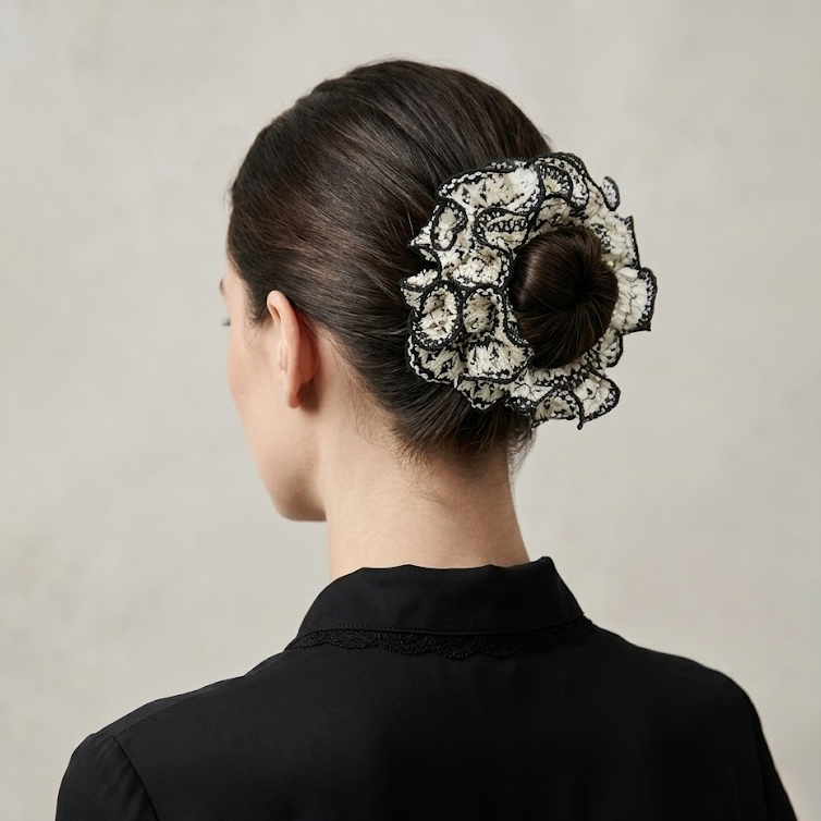Hand-knitted black lattice scrunchie with white 3D petals by Tide Tie
