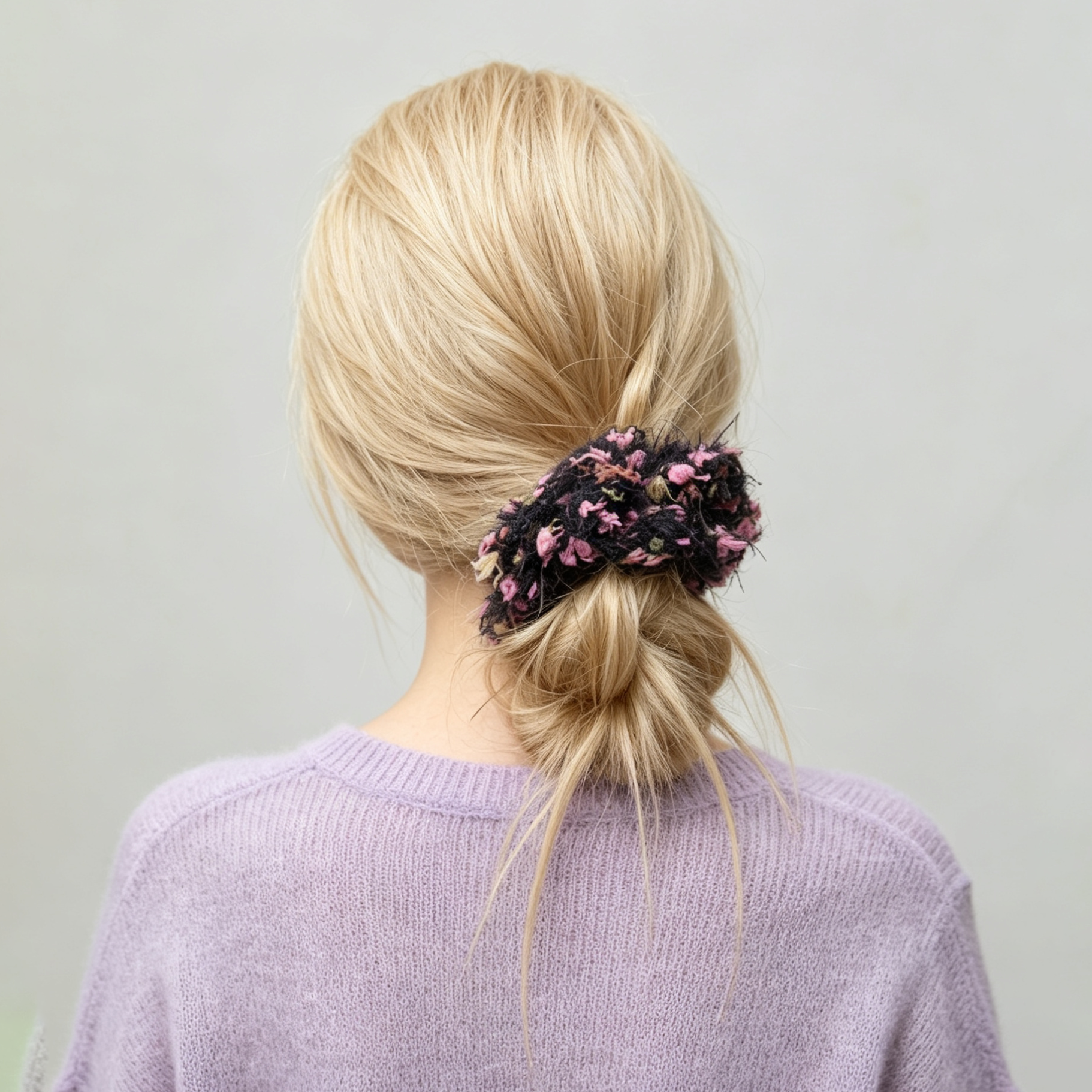 Dusty lavender mohair scrunchie with silk blooms by Tide Tie