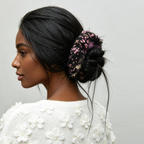 Dusty lavender mohair scrunchie with silk blooms by Tide Tie