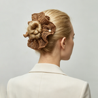 Champagne gold open-knit crochet scrunchie with pearls by Tide Tie