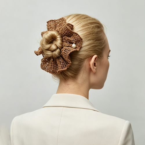 Champagne gold open-knit crochet scrunchie with pearls by Tide Tie