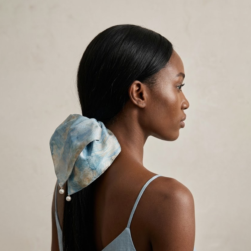 Ocean-blue satin scarf tie with pearl drape by Tide Tie