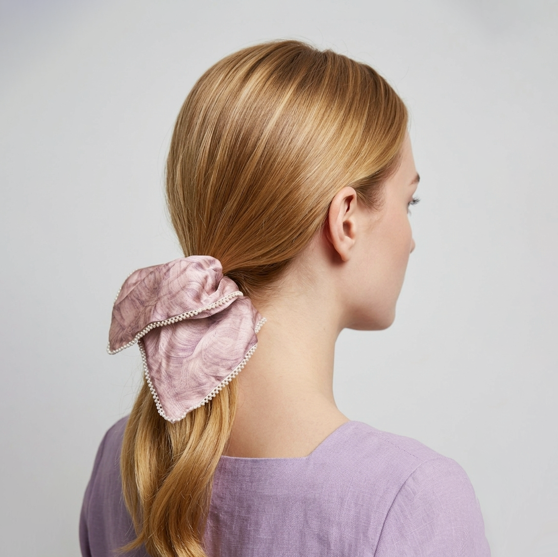 Hand-dyed mauve satin scarf tie with micro-pearl trim by Tide Tie