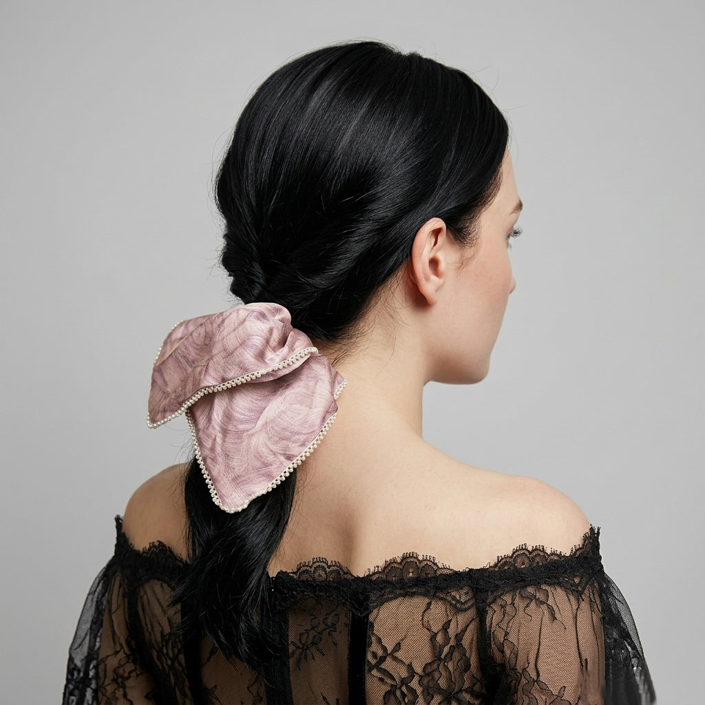 Hand-dyed mauve satin scarf tie with micro-pearl trim by Tide Tie