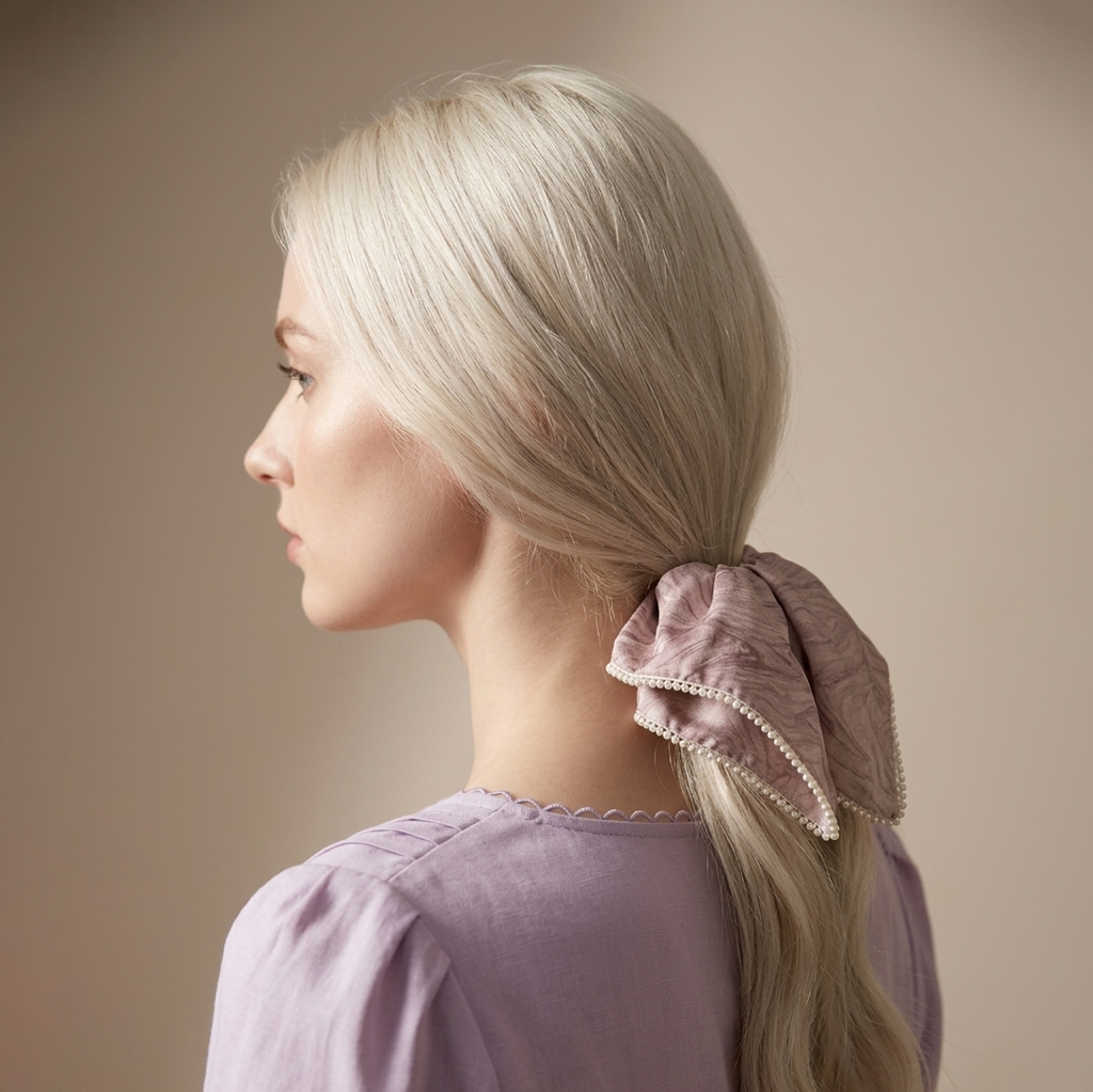 Hand-dyed mauve satin scarf tie with micro-pearl trim by Tide Tie