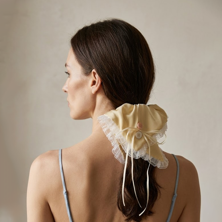 Buttery yellow silk-satin scarf tie with organza ruffles by Tide Tie
