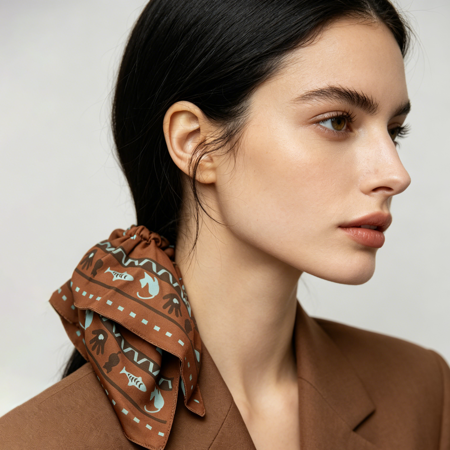 Fair Isle scarf tie with feline motifs in earth tones by Tide Tie