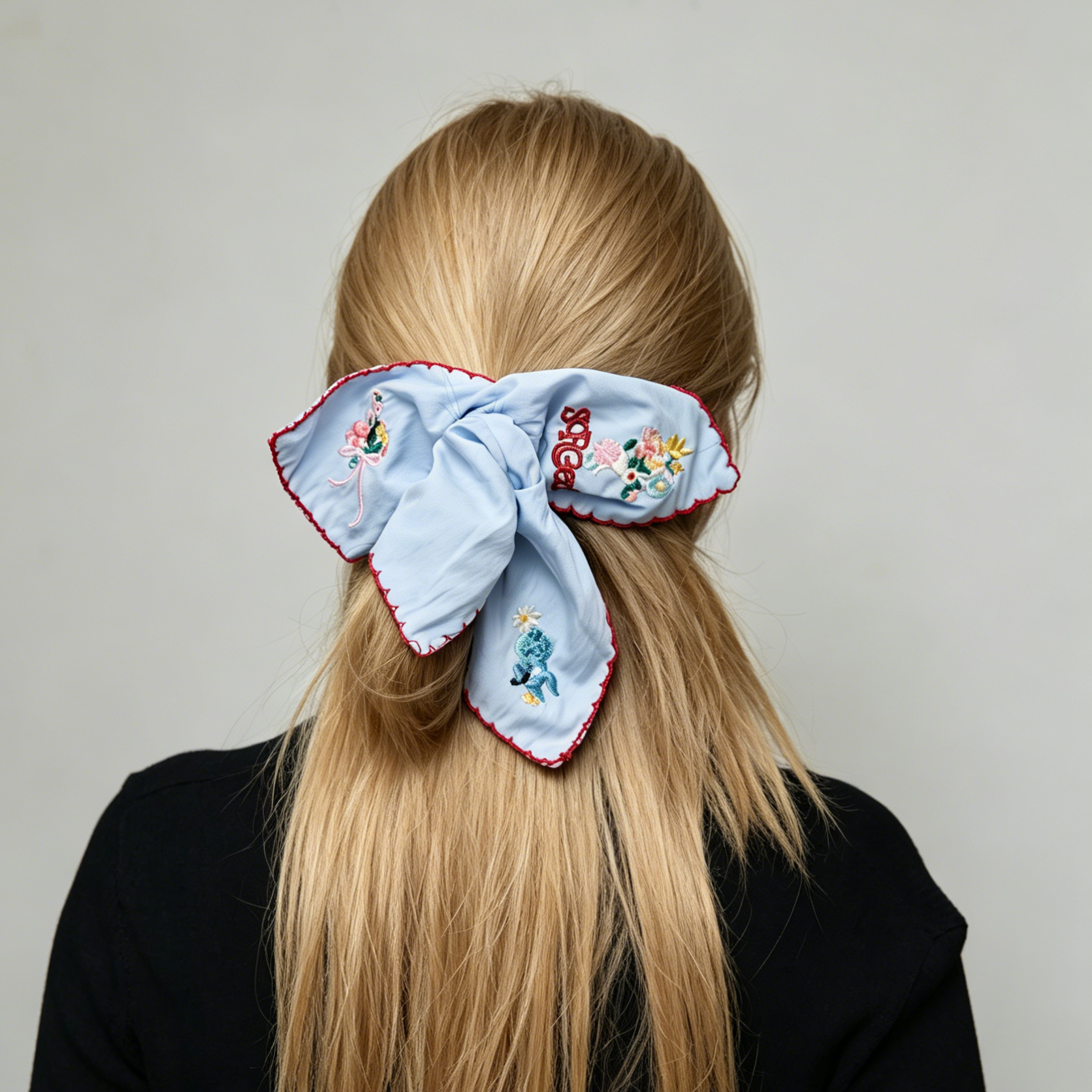 Sky-blue scarf tie with embroidered bunnies and wildflowers by Tide Tie