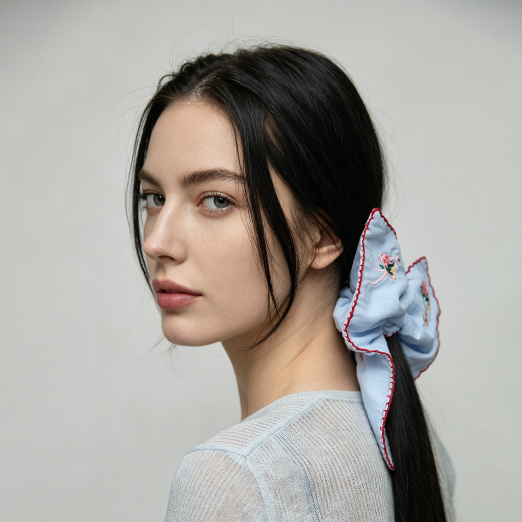 Sky-blue scarf tie with embroidered bunnies and wildflowers by Tide Tie