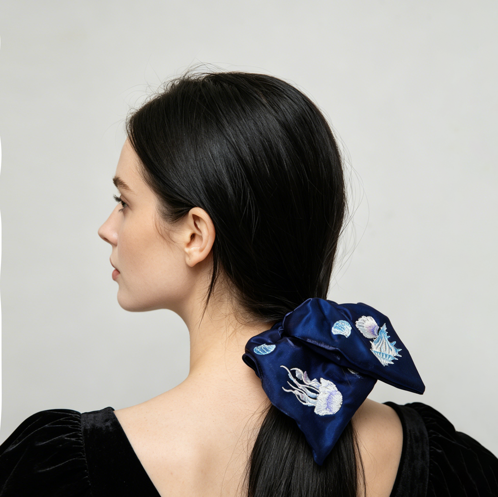 Midnight-blue satin scarf tie with silver sea-creature embroidery by Tide Tie