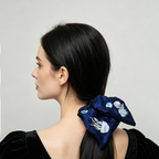 Midnight-blue satin scarf tie with silver sea-creature embroidery by Tide Tie