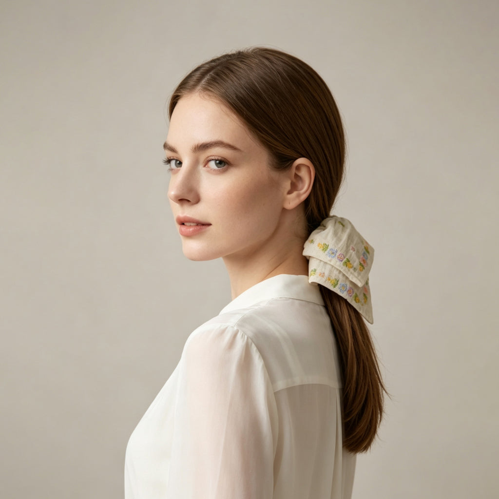 Cream satin scarf tie with relief floral embroidery by Tide Tie
