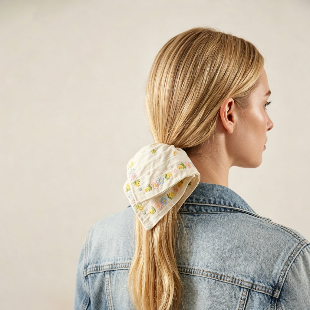 Cream satin scarf tie with relief floral embroidery by Tide Tie