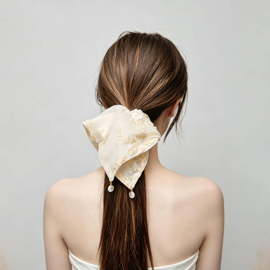 Sand-toned silk scarf tie with daisy embroidery and beads by Tide Tie