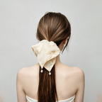 Sand-toned silk scarf tie with daisy embroidery and beads by Tide Tie