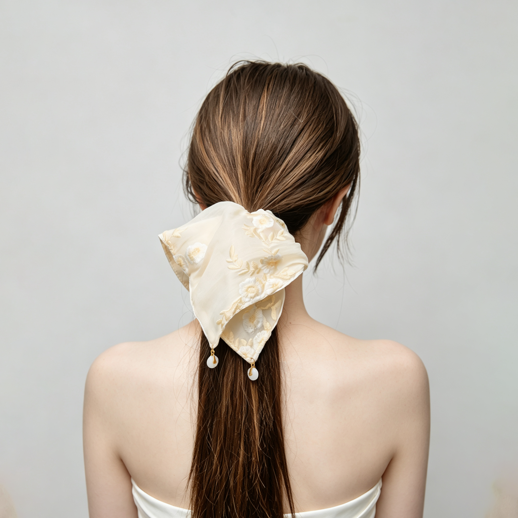 Sand-toned silk scarf tie with daisy embroidery and beads by Tide Tie