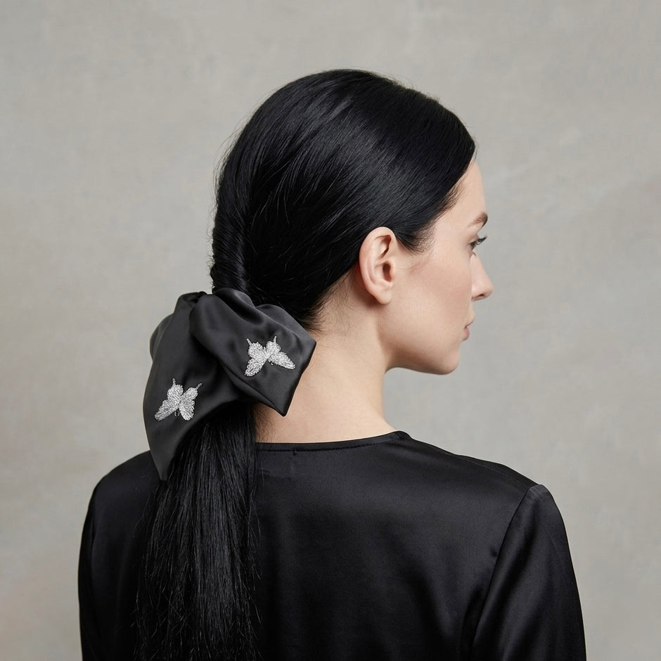 Midnight satin scarf tie with silver butterfly embroidery by Tide Tie