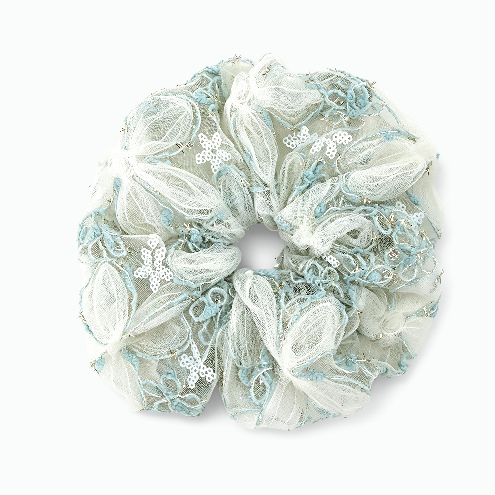 Mint seafoam tulle scrunchie with floral sequin embroidery by Tide Tie