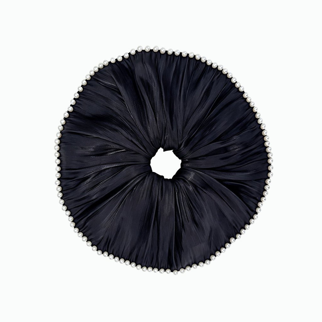Pearlized black pleated scrunchie with pearl trim by Tide Tie