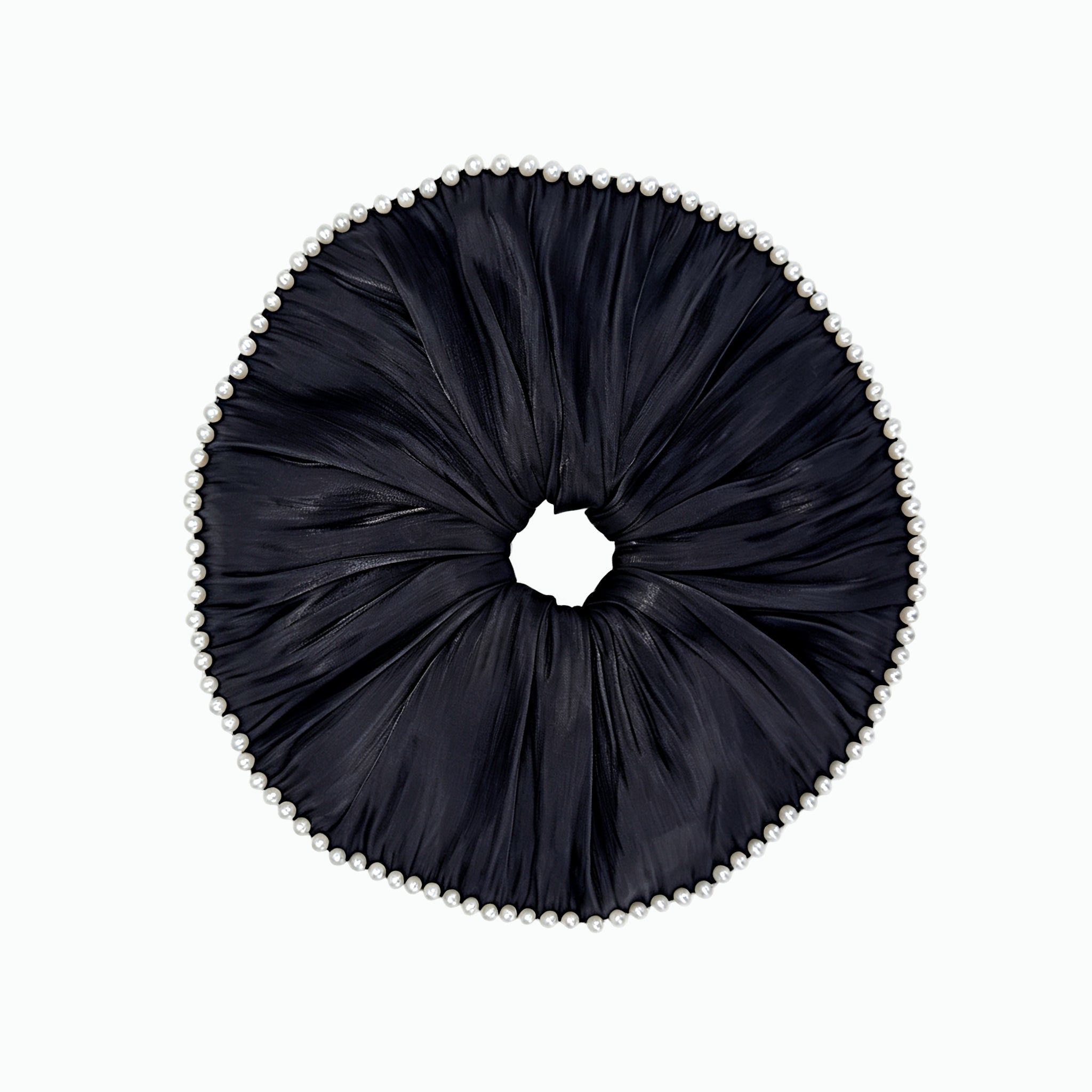 Pearlized black pleated scrunchie with pearl trim by Tide Tie