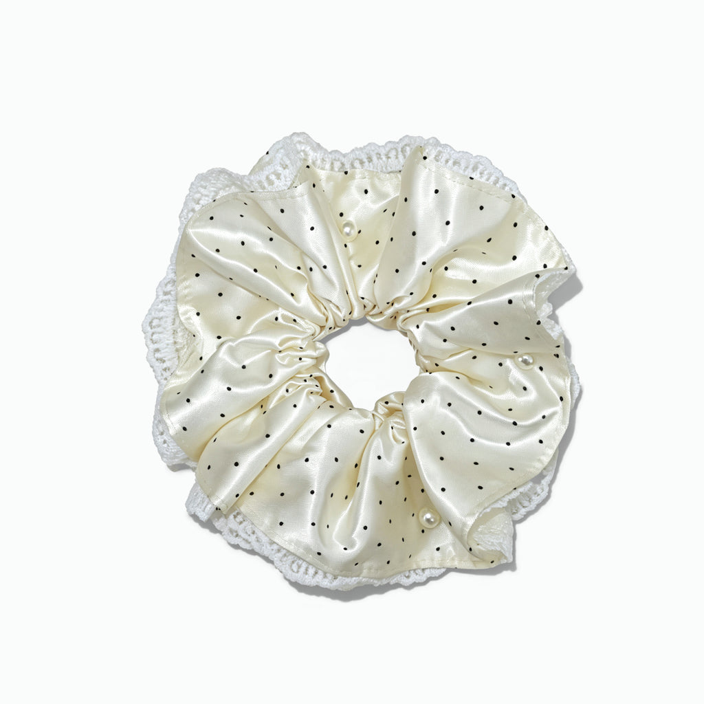 Pearlized satin polka dot scrunchie with lace trim by Tide Tie