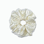 Pearlized satin polka dot scrunchie with lace trim by Tide Tie