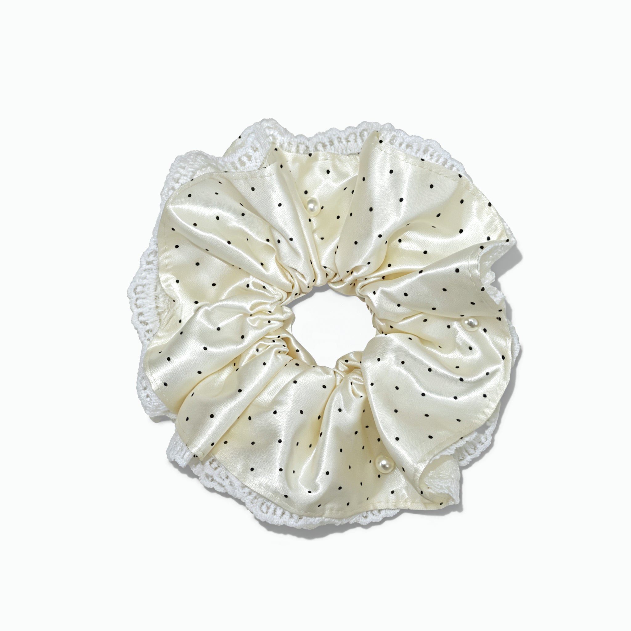 Pearlized satin polka dot scrunchie with lace trim by Tide Tie