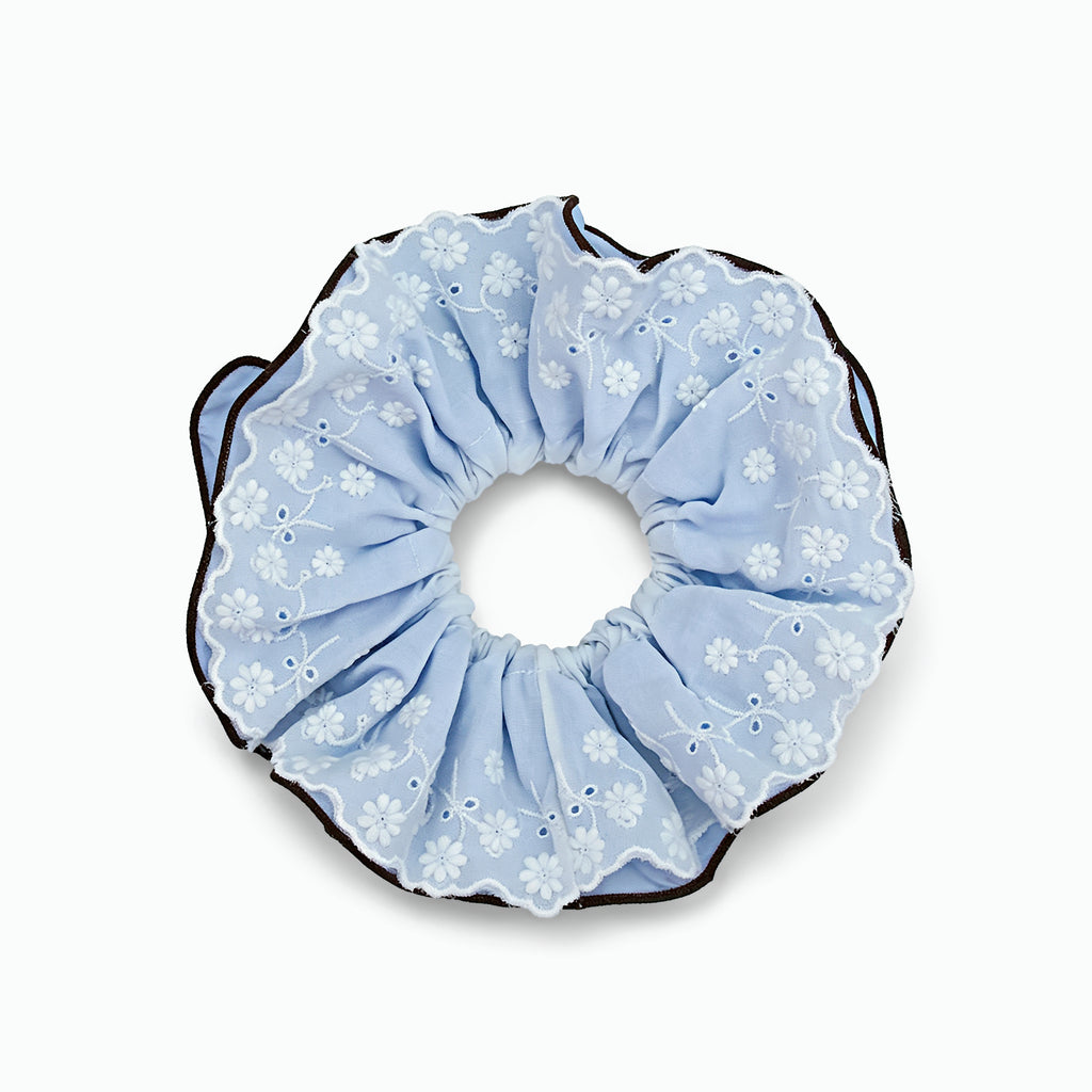 Blue and white reversible floral lace scrunchie by Tide Tie