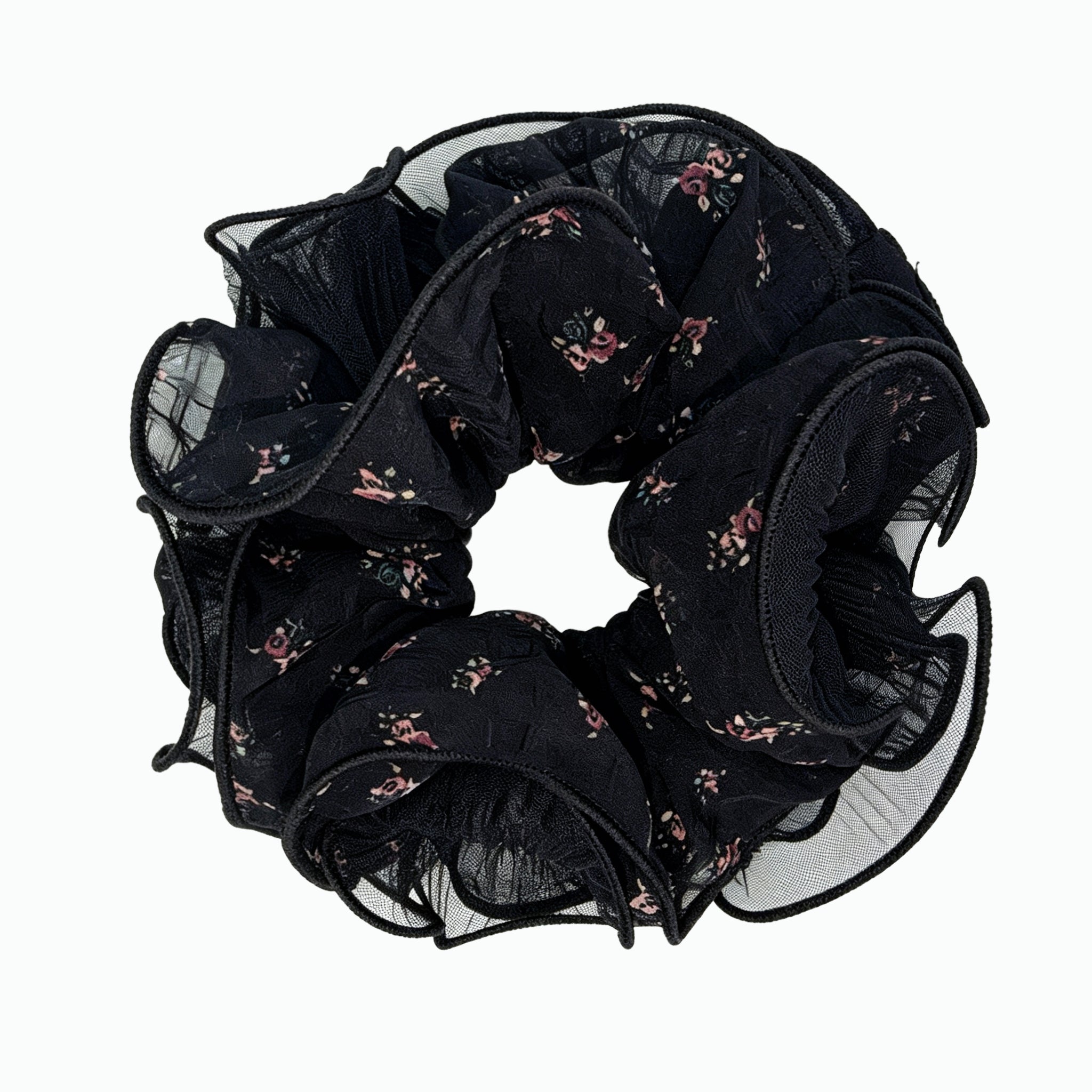 Vintage ditsy floral ruffle scrunchie in midnight black by Tide Tie