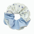 Azure blue gingham and floral tiered lace scrunchie by Tide Tie