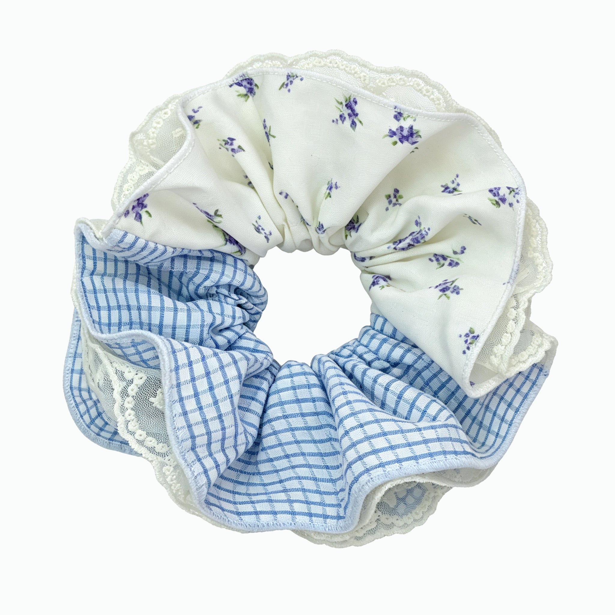 Azure blue gingham and floral tiered lace scrunchie by Tide Tie