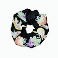 Black satin scrunchie with 3D strawberry embroidery by Tide Tie