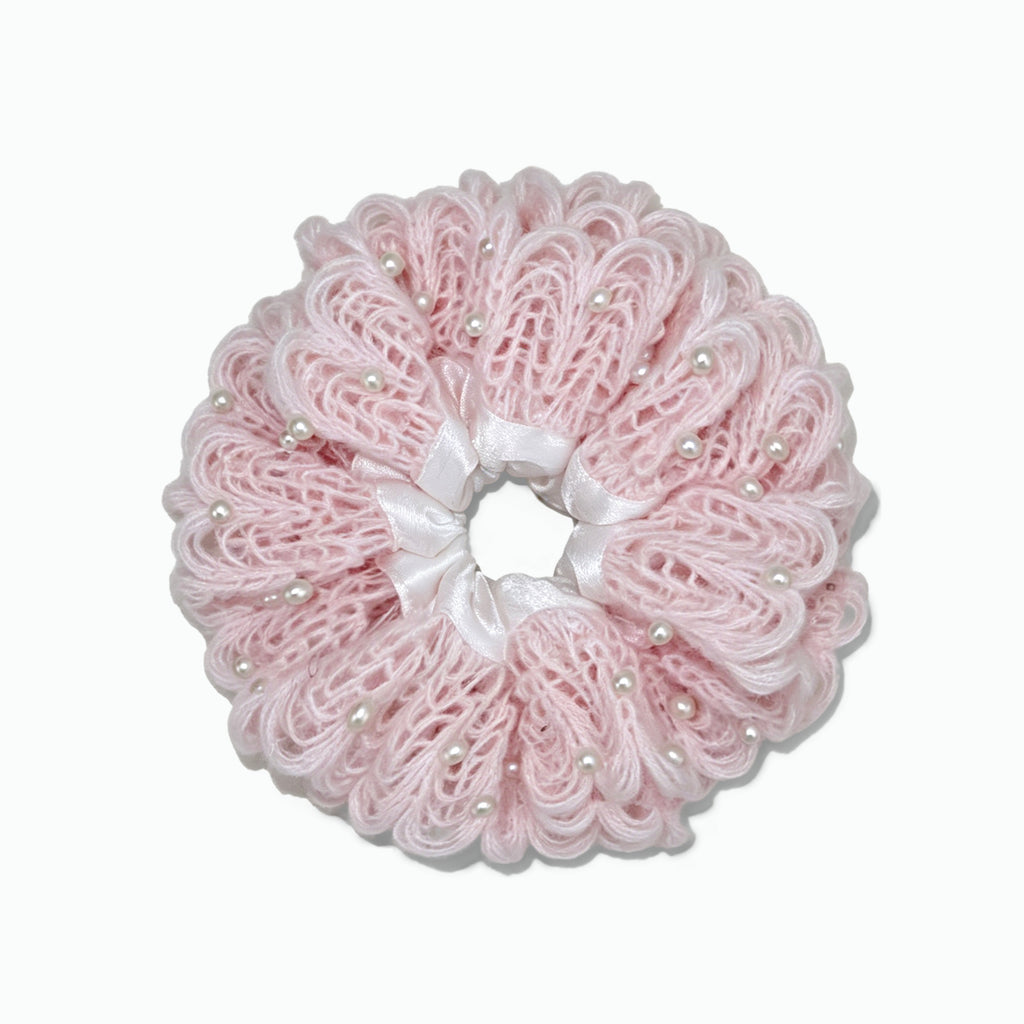 Hand-crocheted rosette scrunchie with pearls by Tide Tie