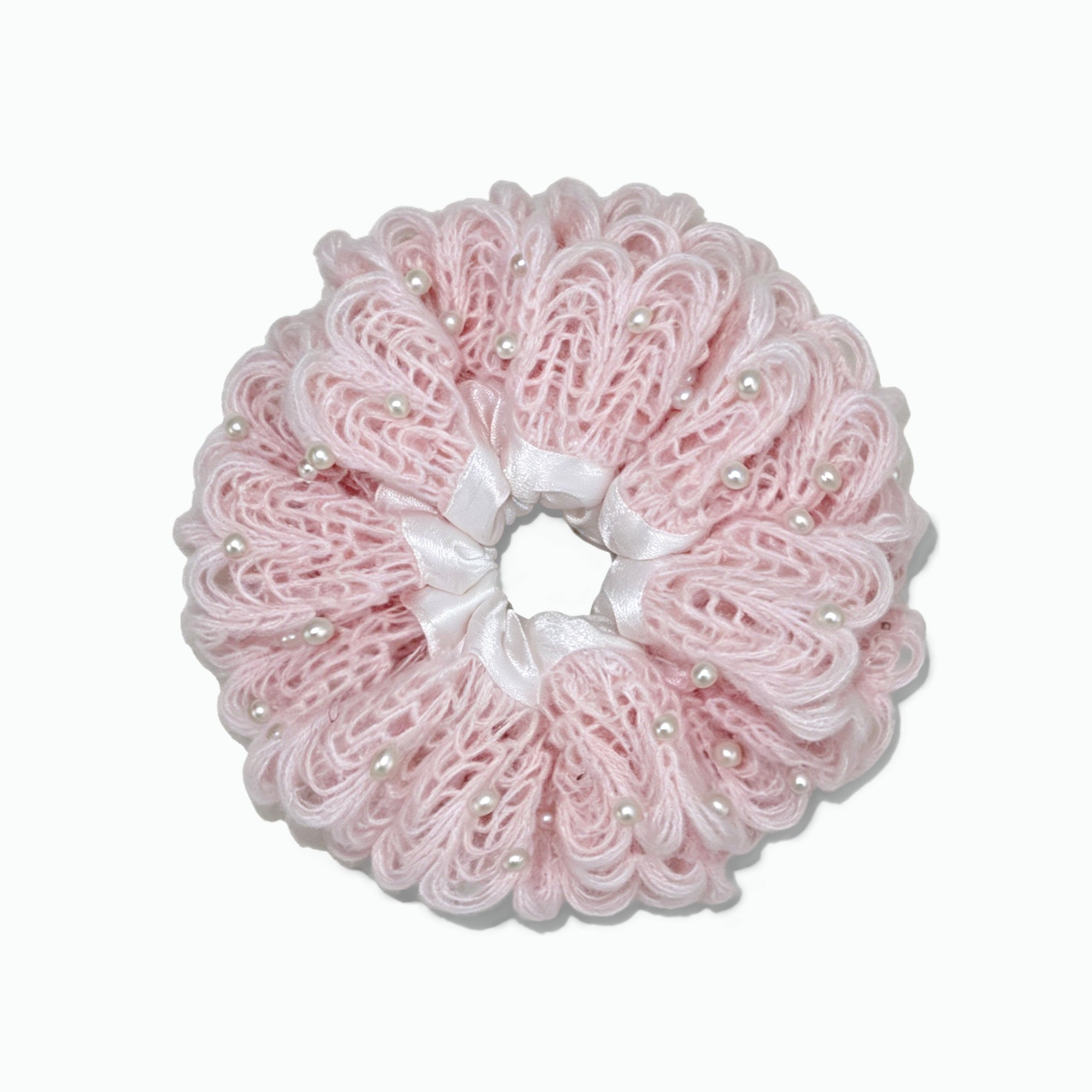 Hand-crocheted rosette scrunchie with pearls by Tide Tie