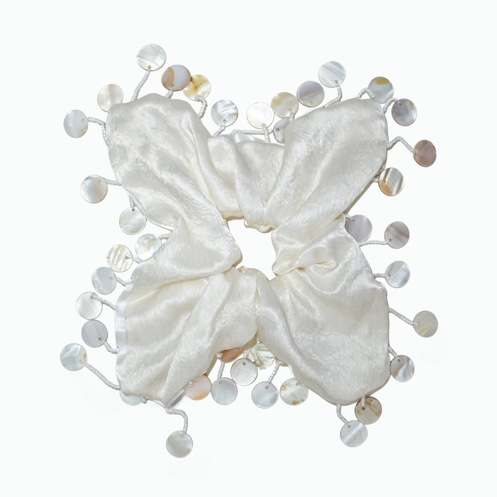Cream rippled silk scarf tie with mother-of-pearl drape by Tide Tie